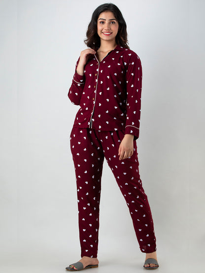 WOMEN WHITE HEARTS PRINT MAROON NIGHTSUIT