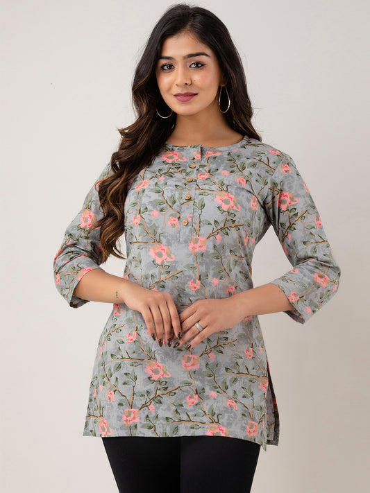 Women Grey Cotton Printed Short Kurti