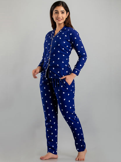 WOMEN WHITE HEARTS PRINT BLUE NIGHTSUIT