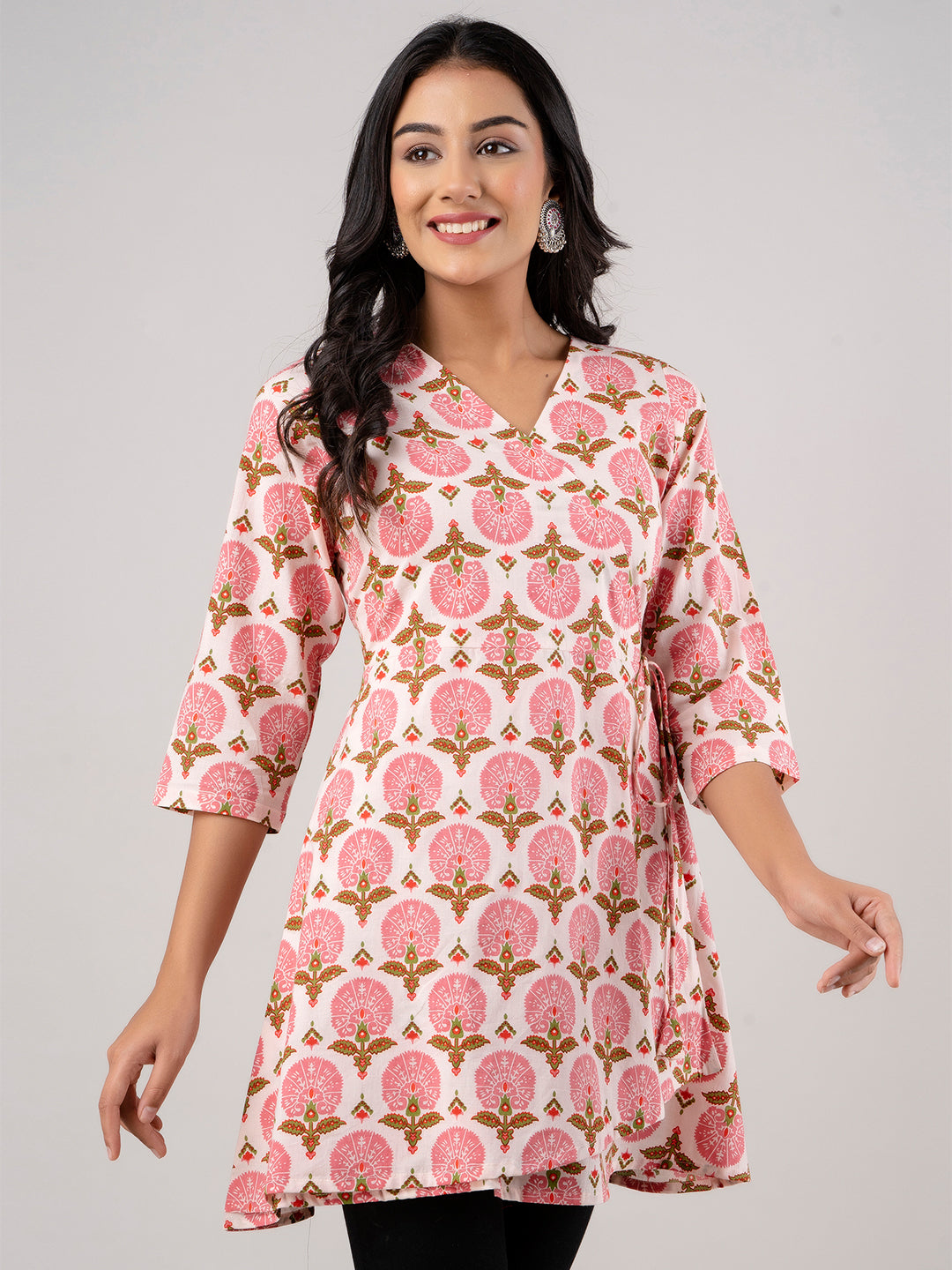 Cotton Printed Ethnic Motifs Pink Angrakha Short Tunic