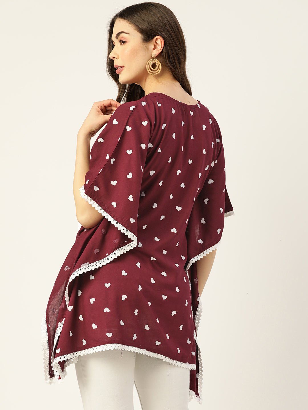WOMEN MAROON RAYON PRINTED KAFTAN TUNIC