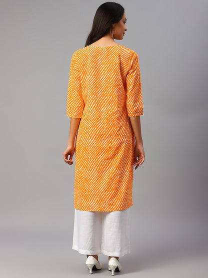 WOMEN YELLOW LEHERIYA YOKE DESIGN COTTON KURTI