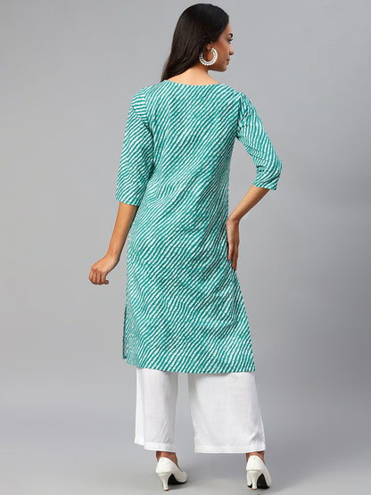 WOMEN GREEN LEHERIYA YOKE DESIGN COTTON KURTI