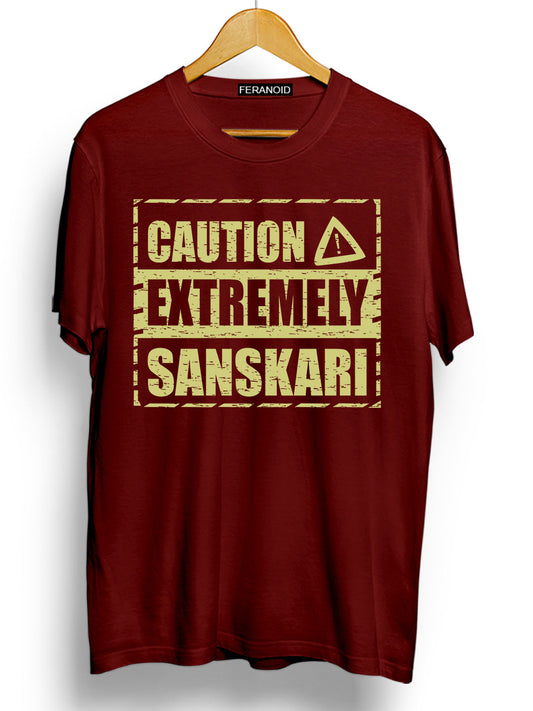 CAUTION EXTREMELY SANSKAARI MAROON T-SHIRT