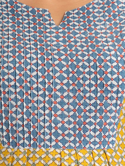 WOMEN YELLOW COTTON PRINTED A-LINE KURTI