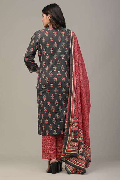 COTTON PRINTED BLACK KURTA SET WITH DUPATTA