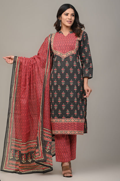 COTTON PRINTED BLACK KURTA SET WITH DUPATTA