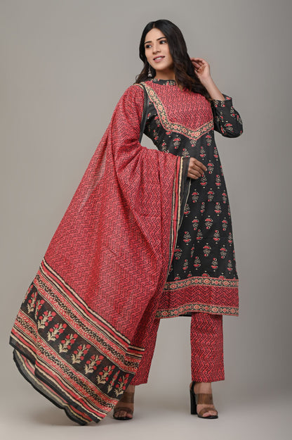 COTTON PRINTED BLACK KURTA SET WITH DUPATTA