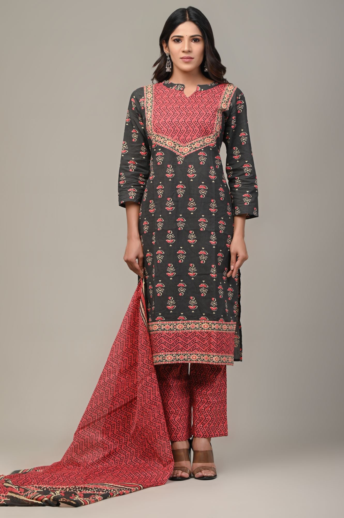 COTTON PRINTED BLACK KURTA SET WITH DUPATTA