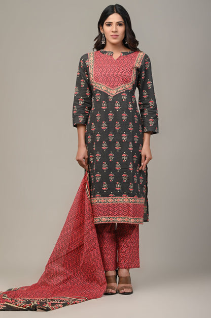 COTTON PRINTED BLACK KURTA SET WITH DUPATTA