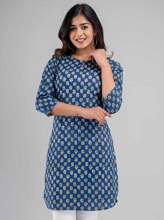 Women Printed Blue Straight Fit Short Kurti