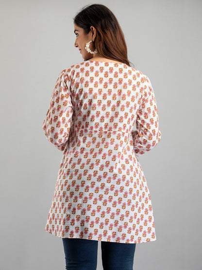 COTTON PRINTED WHITE SHORT TUNIC