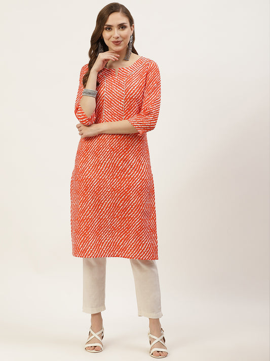 WOMEN ORANGE LEHERIYA YOKE DESIGN COTTON KURTI