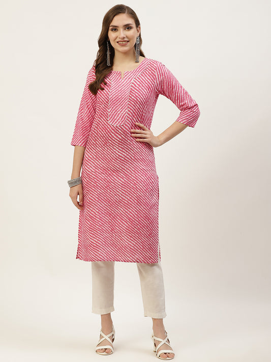 WOMEN PINK LEHERIYA YOKE DESIGN COTTON KURTI