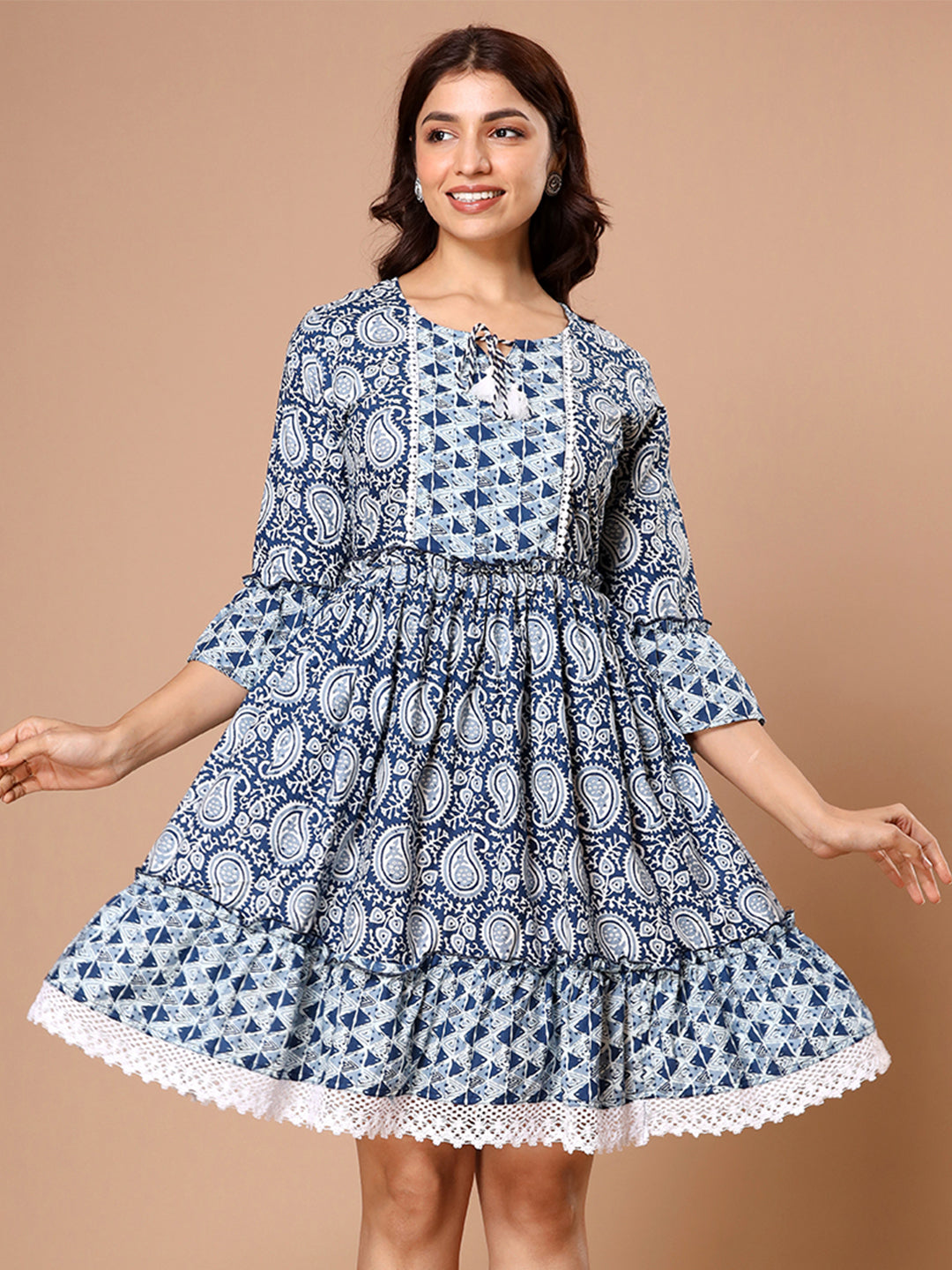 Cotton Printed Navy Blue Ethnic Motifs Dress