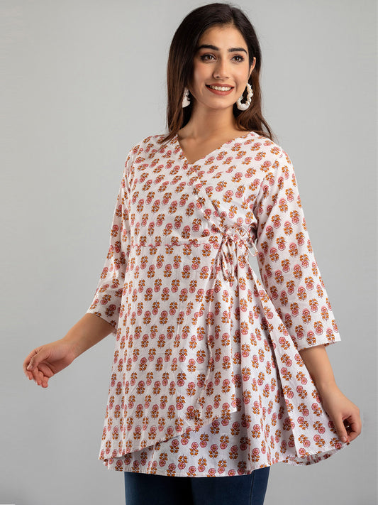 COTTON PRINTED WHITE SHORT TUNIC