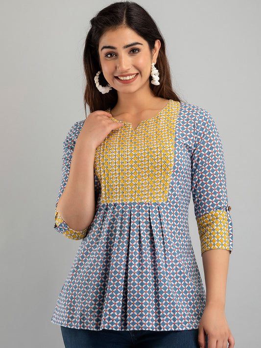 WOMEN BLUE COTTON PRINTED A-LINE KURTI