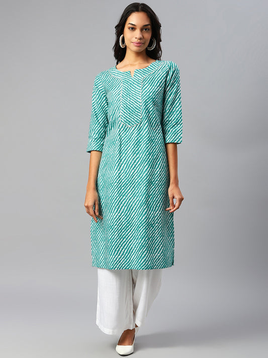 WOMEN GREEN LEHERIYA YOKE DESIGN COTTON KURTI