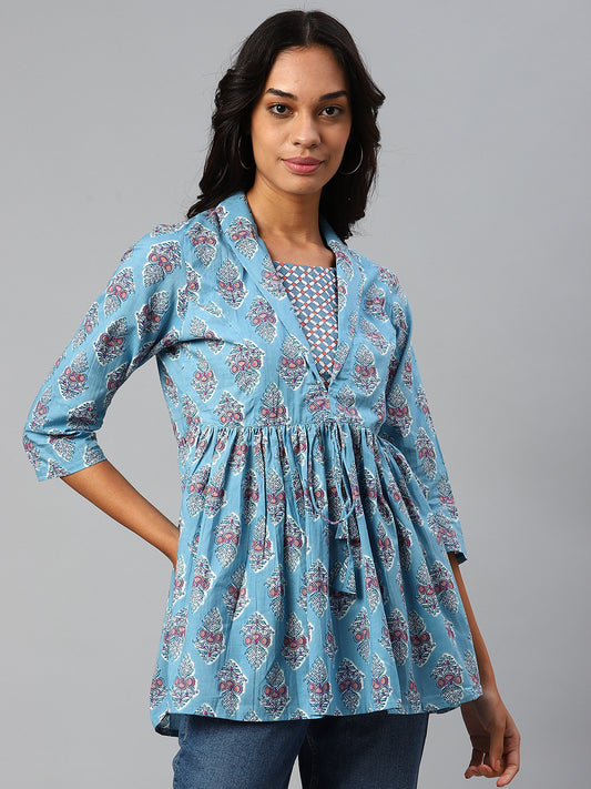 WOMEN BLUE COLLARED PRINTED FLARED KURTI