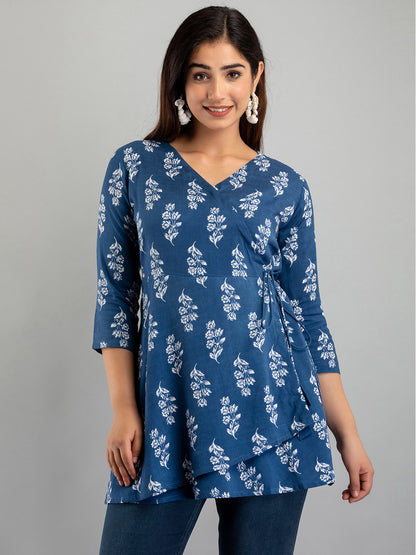 COTTON PRINTED DARK BLUE SHORT TUNIC