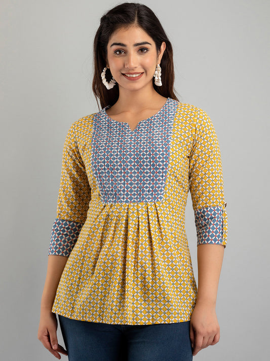 WOMEN YELLOW COTTON PRINTED A-LINE KURTI