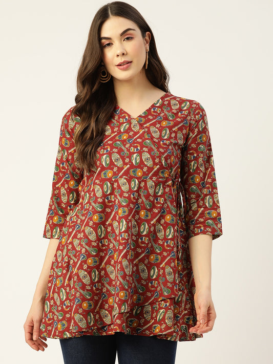 COTTON PRINTED MAROON SHORT TUNIC