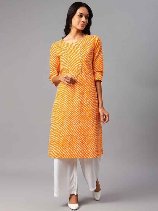 WOMEN YELLOW LEHERIYA YOKE DESIGN COTTON KURTI