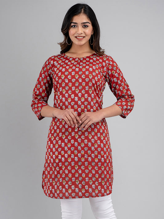 Women Printed Red Straight Fit Short Kurti