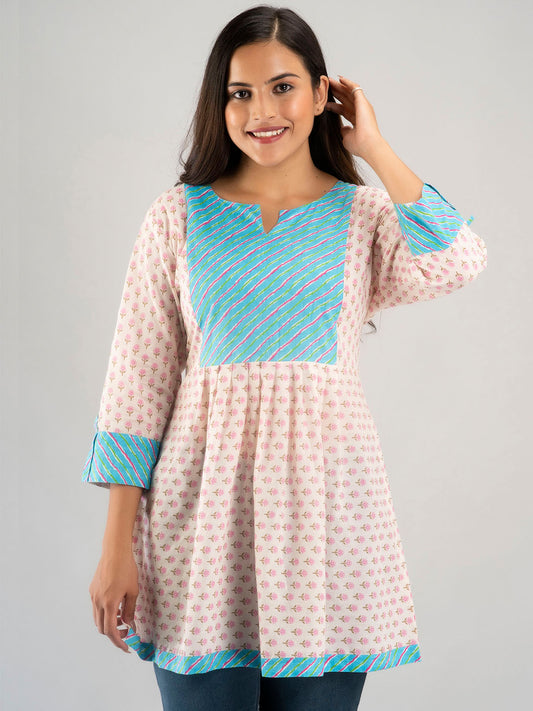 WOMEN WHITE & PINK  COTTON PRINTED A-LINE KURTI