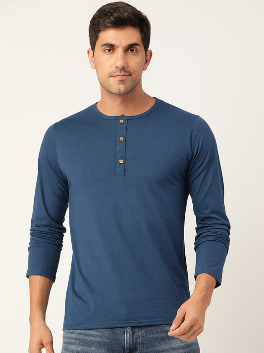 PLAIN TEAL BLUE HENLEY FULL SLEEVES T-SHIRT