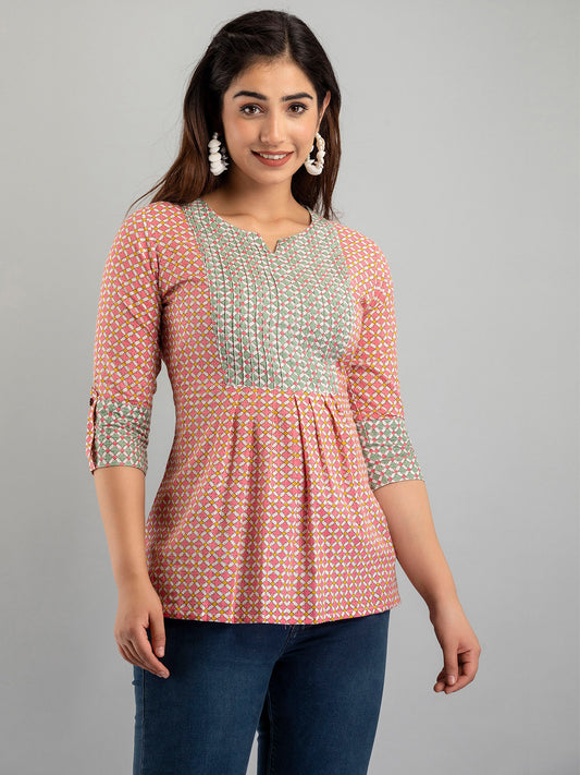 WOMEN PINK COTTON PRINTED A-LINE KURTI