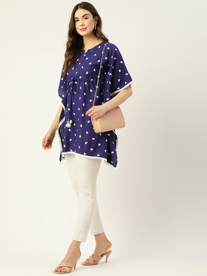 WOMEN BLUE RAYON PRINTED KAFTAN TUNIC