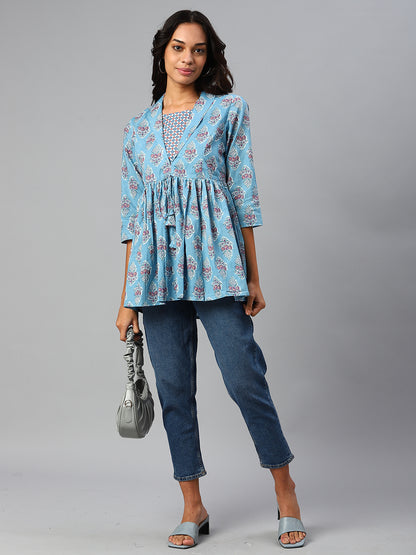 WOMEN BLUE COLLARED PRINTED FLARED KURTI