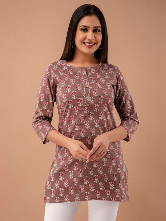 Women Brown Cotton Printed Short Kurti