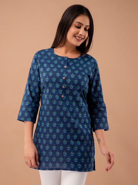 Women Royal Blue Cotton Printed Short Kurti