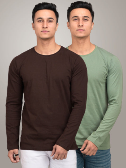 Pack Of 2 Plain Light Green And Brown Full Sleeves T-Shirts