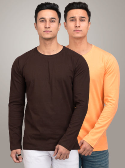 PACK OF 2 PLAIN PEACH AND BROWN FULL SLEEVES T-SHIRTS
