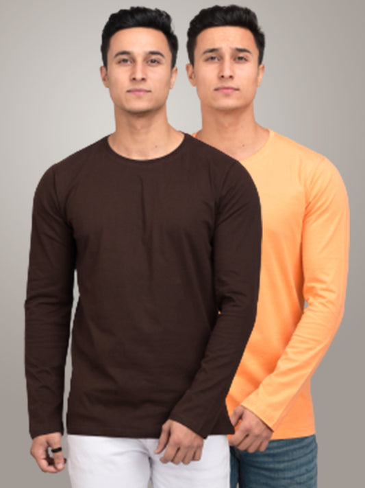 Pack Of 2 Plain Peach And Brown Full Sleeves T-Shirts