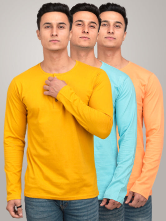 PACK OF 3 PLAINS PEACH AQUABLUE YELLOW FULL SLEEVES HENLEY