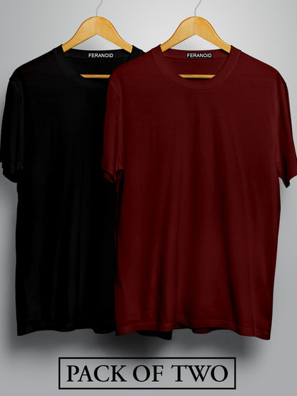 Plain Half Sleeves Pack Of Two Black And Maroon T-Shirts