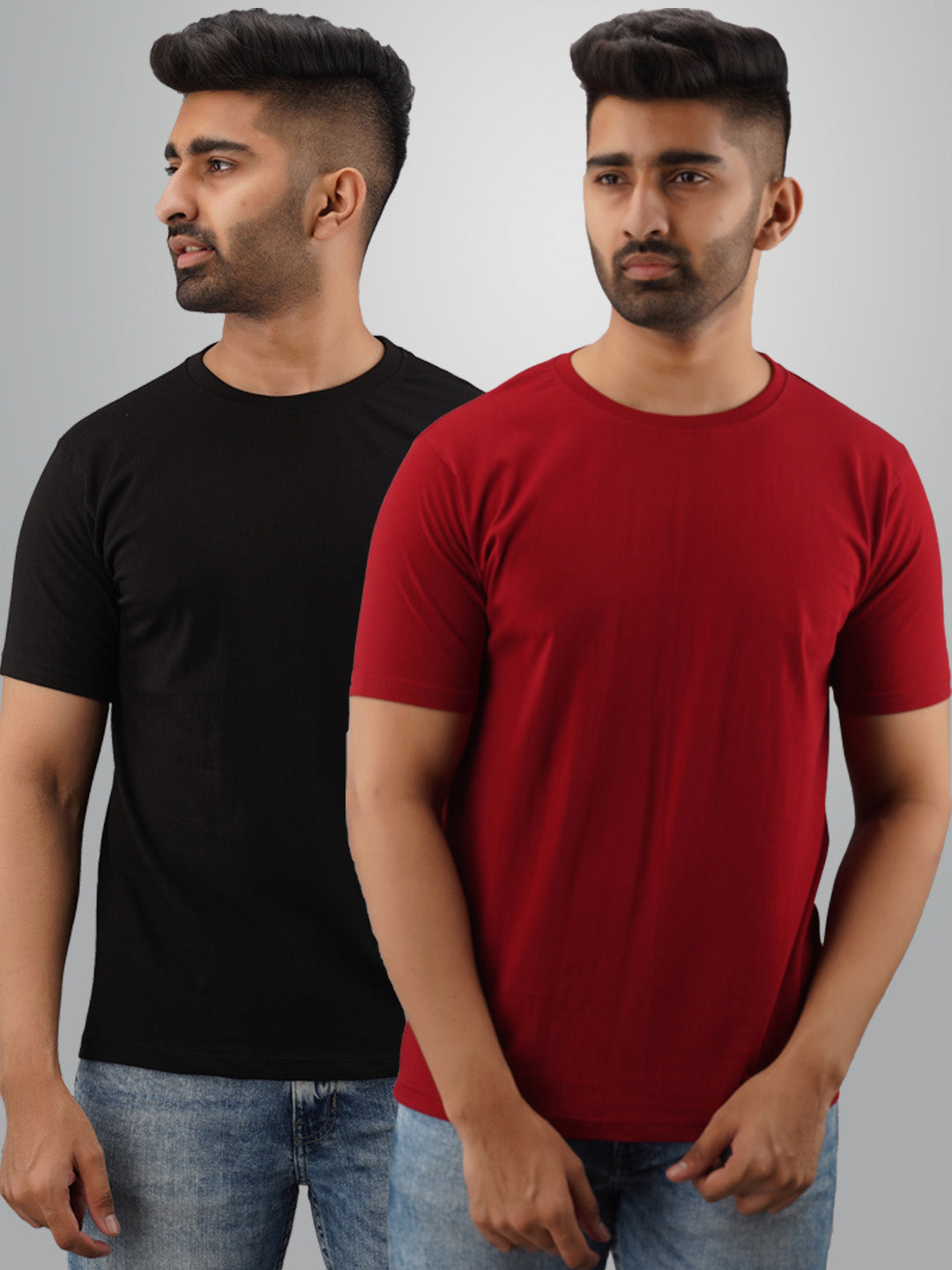 Plain Half Sleeves Pack Of Two Black And Maroon T-Shirts