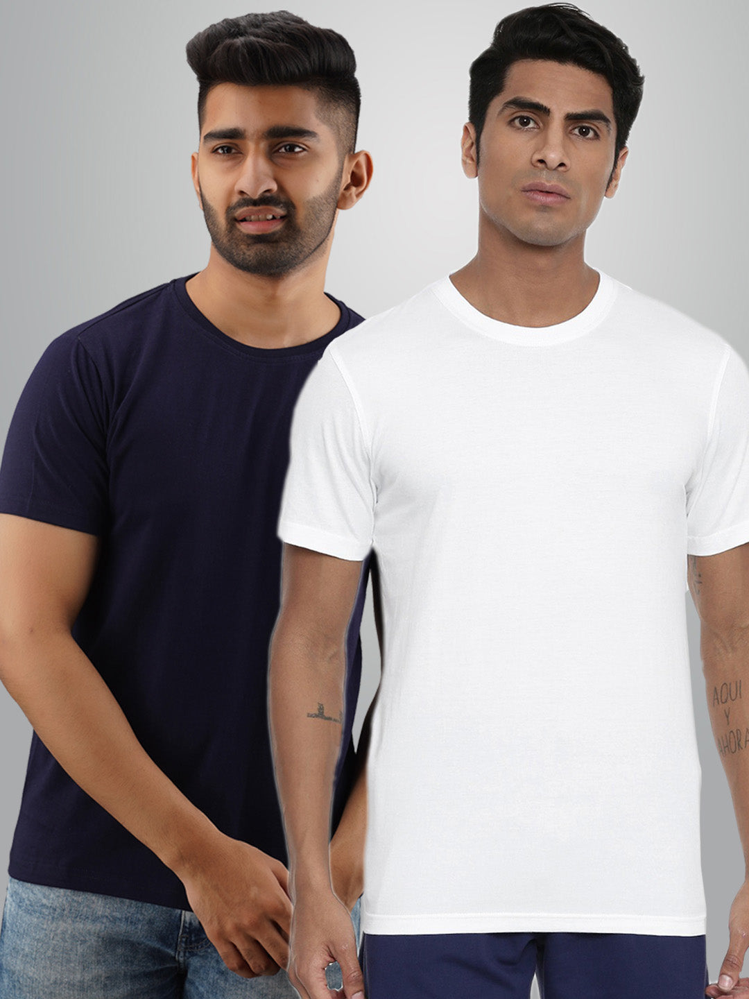 Plain Half Sleeves Pack Of Two Blue And White T-Shirts