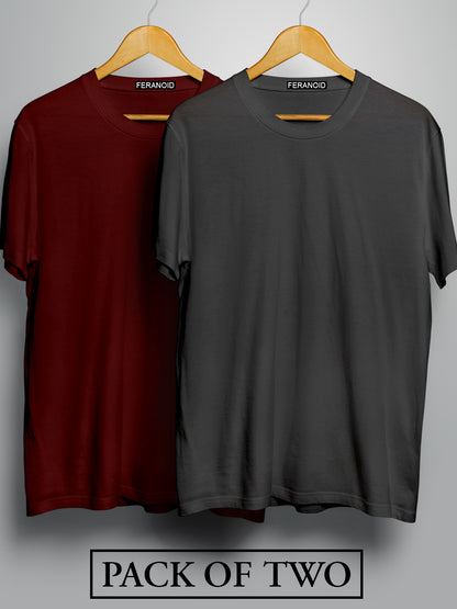 PLAIN HALF SLEEVES PACK OF TWO MAROON AND GREY T-SHIRTS
