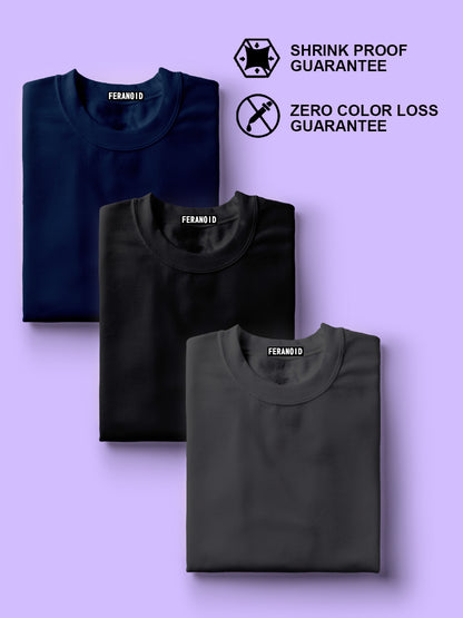 Plain Pack Of 3 T-Shirts : Blue  Black  Grey