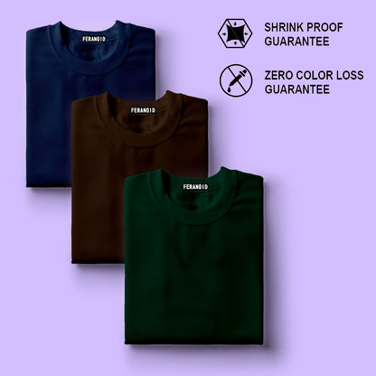 Plain Pack Of 3 T-Shirts : Blue Brown Green