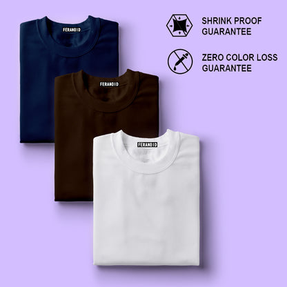 Plain Pack Of 3 T-Shirts : Blue Brown White