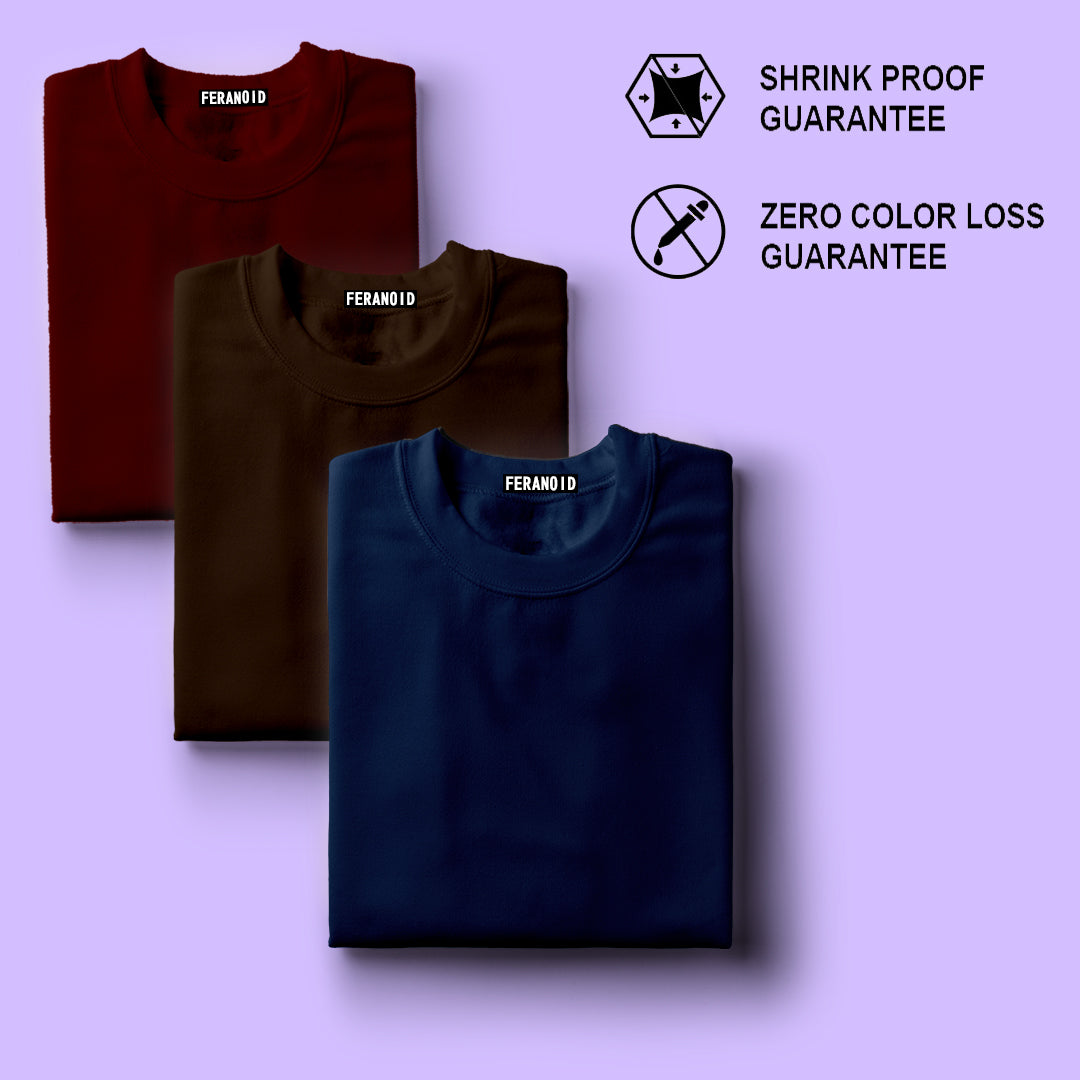 Plain Pack Of 3 T-Shirts : Maroon Brown Blue