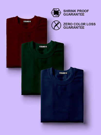 Plain Pack Of 3 T-Shirts : Maroon Green Blue