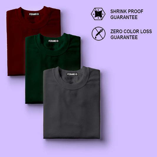 Plain Pack Of 3 T-Shirts : Maroon Green Grey