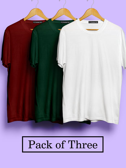 PLAIN PACK OF 3 T-SHIRTS : MAROON GREEN WHITE